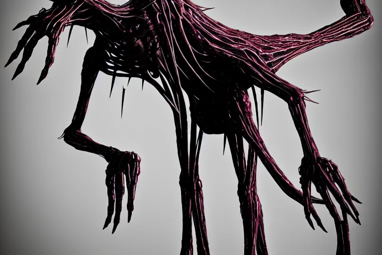 Image similar to lanky ink creature made out of a humanoid nervous system with large meaty spikes all over the body, cinematic, volumetric lighting, f 8 aperture, cinematic eastman 5 3 8 4 film, photorealistic