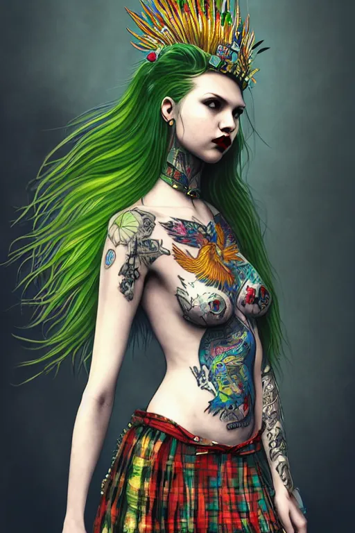 Image similar to portrait of hannah murray as a punk woman with green mohawk, neotraditional tattoos, fishnets, long tartan skirt as phoenix queen, feathers, wings, rainbow clothes,, sci - fi, intricate and very very beautiful and elegant, highly detailed, digital painting, artstation, smooth and sharp focus, illustration, art by tian zi and wlop and alphonse mucha