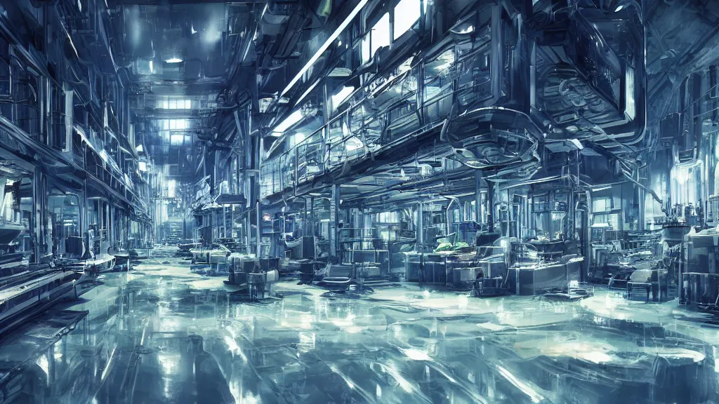 Prompt: The inside of a factory where ambrosia is being mass produced, dim blue fluorescent lighting, cinematic concept art, award-winning art, artstation, cold metallic atmosphere, blurry background, shallow depth of field