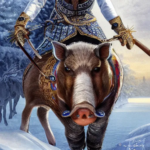 Prompt: an extremely realistic portrait depicting the coronation of viktor orban dressed in royal national costume, riding a hog on the frozen danube, close up, intricate, elegant, highly detailed, digital painting, artstation, concept art, smooth, sharp focus, illustration,