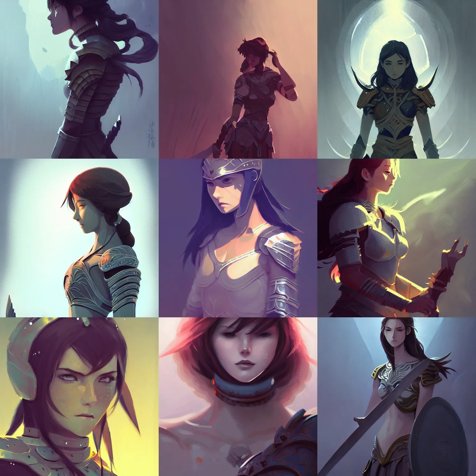 Prompt: female warrior, passion, bravery, intricate armour costumes, light and shadow effects, intricate, digital painting, art station, concept art, cold tones, smooth, sharp focus, morandi color scheme, illustration, art by makoto shinkai and lois van baarle