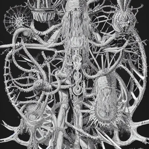 Image similar to Artwork by Ernst Haeckel of The Chitine King Hian the Demigod, master of Ice, and their hateful haunting of steam mephits and horrifying balors, who plan to take revenge on the party for a perceived wrong done to them long ago.