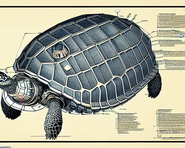 Prompt: a full page of a mechanical blueprint showing a cutaway design for a mechanized turtle from howl's moving castle ( 2 0 0 4 ), with a big head, muted colors, post grunge, studio ghibli, hq,