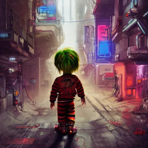 Prompt: Chucky in a cyberpunk street, concept art, digital art, well detailed, trending on artstation, 8k