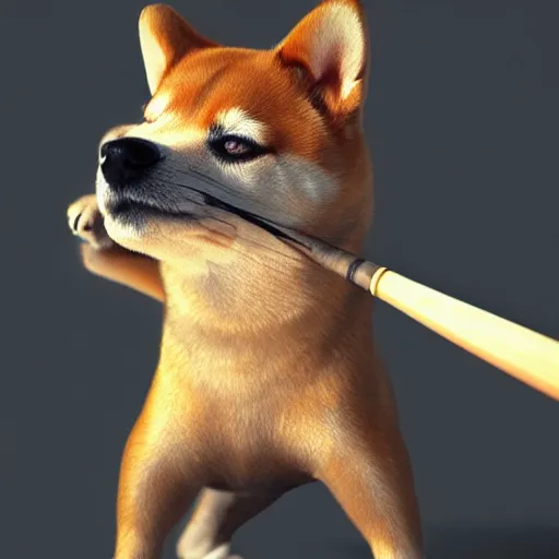 Prompt: shiba inu holding a baseball bat with his two hand trying to hit a spot, cinematic lightning, 4 k, ultra detailed, trending on artstation, masterpiece, digital art.
