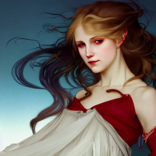 Prompt: portrait of a beautiful young fit girl vampire with long blonde hair and blue eyes feeding on her victim, wearing a skirt, by greg rutkowski and alphonse mucha, d & d character, gradient white to red, modern nocturnal background, highly detailed portrait, digital painting, artstation, concept art, smooth, sharp focus ilustration, artstation hq