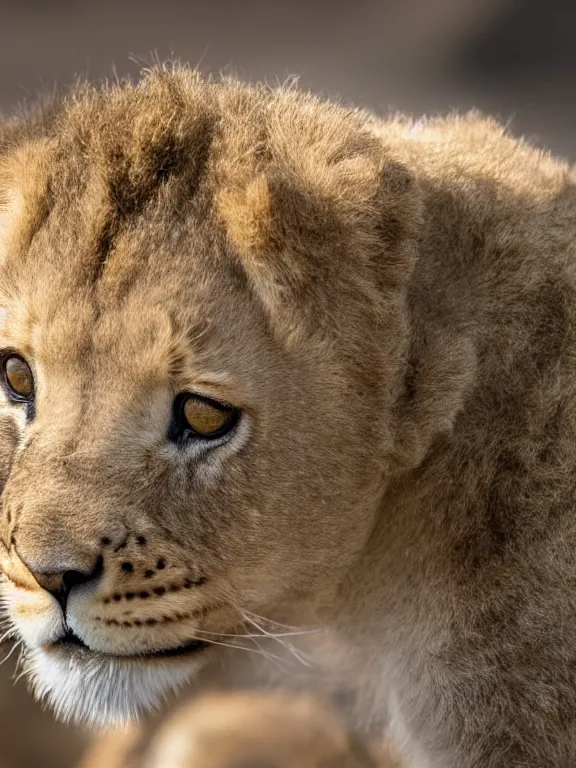 Image similar to 4K HD, high detail photograph, shot with Sigma f/ 4.2 , 250 mm sharp lens, shallow depth of field : (subject= jumping baby lion and a baby duck + subject detail= accurate body features, consistent, high detailed light refraction , high level texture render)