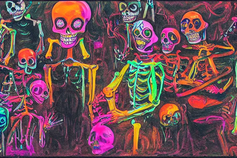 Image similar to scene from surfing, day of the dead, cyber skeleton, neon painting by otto dix