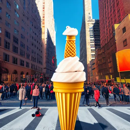 Prompt: a photograph of a giant upended ice cream cone sculpture in the center of a new york street, the ice cream floods the street and a crowd of people stand around it, by Claes Oldenburg, pop art, 3D render, Volumetric dynamic lighting, Highly Detailed, Cinematic Lighting, Unreal Engine, 8k, HD