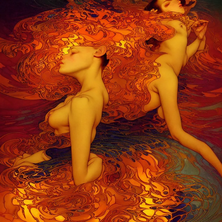 Image similar to transcendent mind bending indigo waves of glossy psychedelic liquid honey flowing like kaleidoscopic translucent amber, lsd waves, honey ripples, enlightenment, dramatic professional lighting, refracted sunset lighting, art by collier, albert aublet, krenz cushart, artem demura, alphonse mucha