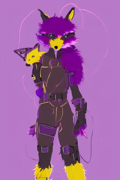 Image similar to a cute cyberpunk anthropomorphic fox with purple fur and yellow eyes and a fluffy tail, comic art, trending on furaffinity, cartoon, kawaii, backlighting, furry art!!!, cel shading, concept art, lineless