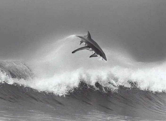 Image similar to color photo of a shark fin in the water beside a surfergirl riding a big wave in the 8 0's