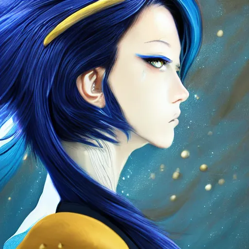 Image similar to side profile of rimuru tempest with sky blue hair, long hair, sharp face, gold eyes, high collar, black jacket | shiny, highly detailed, rain, professional digital painting, concept art, award - winning photography, cinematic, wlop | art by pixiv art, yoshitaka amano, junki ito