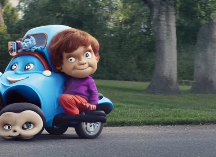 Image similar to peter dinklage driving a little tikes cozy coupe, movie still, from the new munsters movie, 8 k, realistic