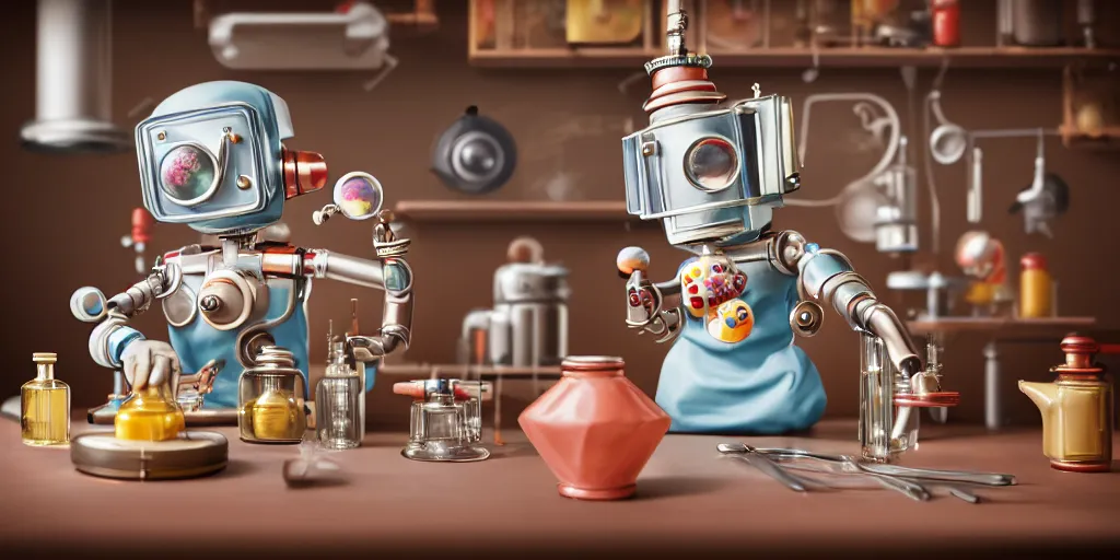 Prompt: closeup portrait of tin toy retro chemist robot cooking pastry cake in a kitchen, depth of field, zeiss lens, detailed, centered, fashion photoshoot, by nicoletta ceccoli, mark ryden, lostfish, breathtaking, 8 k resolution, extremely detailed, beautiful, establishing shot, artistic, hyperrealistic, octane render