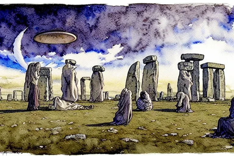 Prompt: a realistic and atmospheric watercolour fantasy concept art of a ufo landing in stonehenge. one dirty medieval monk in grey robes is pointing up at the ufo. muted colors. by rebecca guay, michael kaluta, charles vess and jean moebius giraud