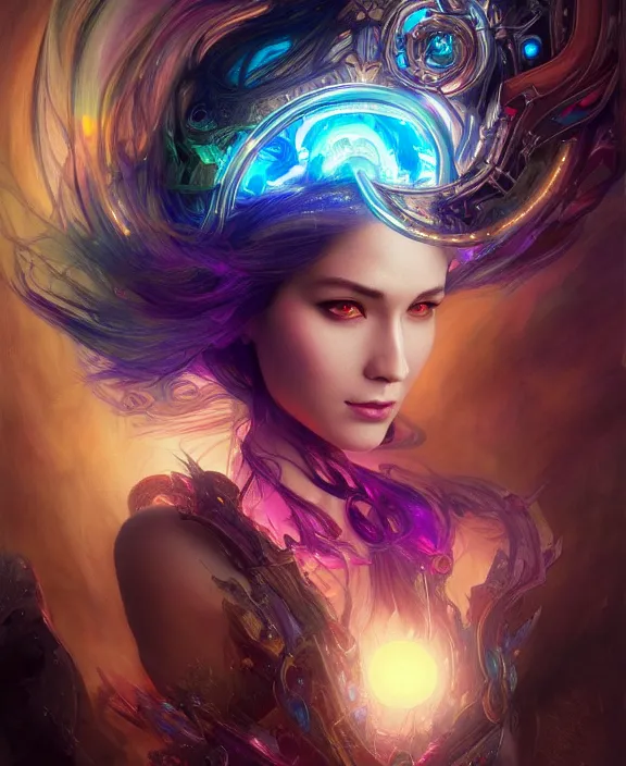 Image similar to a whirlwind of souls rushing inside the metaverse, half body, glowin eyes, tiara with sapphire, pharaoh, android, cyberpunk, d & d, fantasy, intricate, elegant, highly detailed, colorful, vivid color, digital painting, artstation, concept art, art by artgerm and greg rutkowski and alphonse mucha and ruan jia