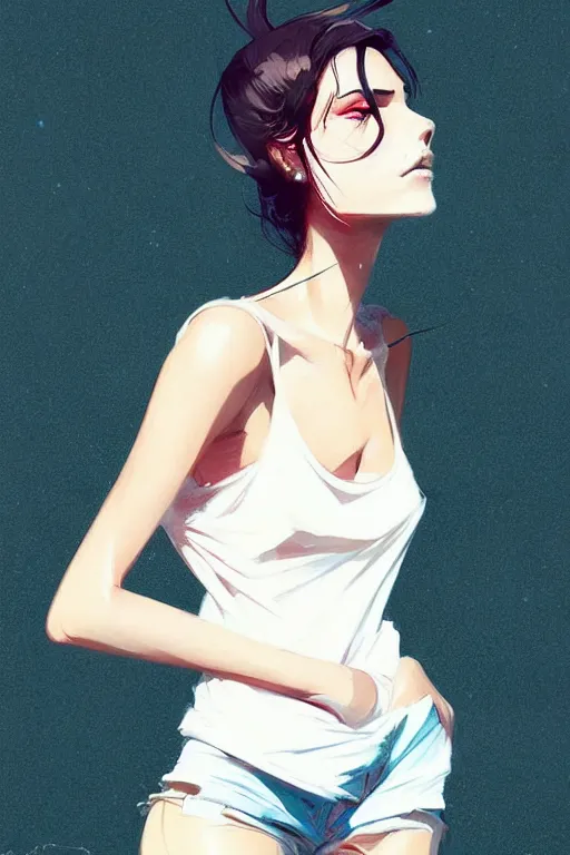 Image similar to a ultradetailed beautiful painting of a stylish woman with a white tank top, by conrad roset, greg rutkowski and makoto shinkai trending on artstation