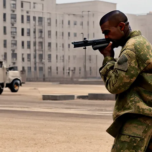 Image similar to Kanye West as a soldier in Chiraq, award winning historical photograph