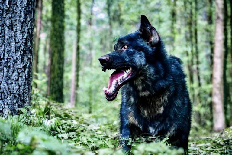 Image similar to canine werecreature, color photograph captured in the woods