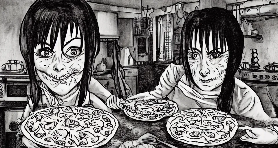 Image similar to Woman in kitchen making a tomato and corn pie in the style of Junji Ito