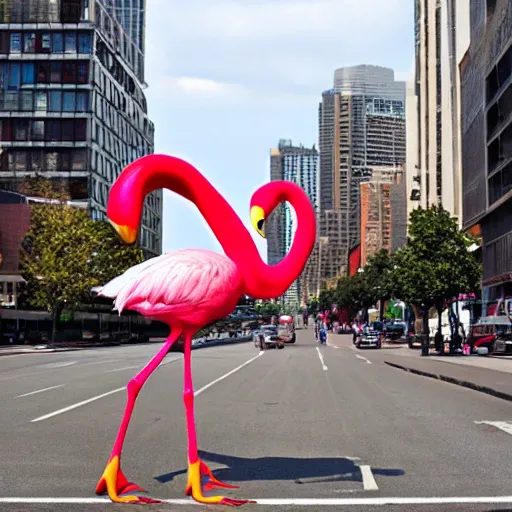 Image similar to photo of giant flamingo attacking a city