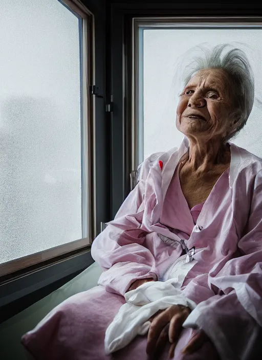 Image similar to medium shot, photo of a beautiful old woman hospital patient sitting in a norwegian hospital room with an iv drip, wearing a hospital gown, looking out window, smiling gently. studio lighting, beautiful lighting, calming, by charlie waite, max rive, caroline foster.