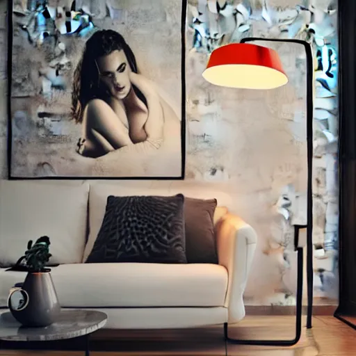 Image similar to a large lamp woman body inspired design, placed in a large living room, art designers magazine HD photo superrealism 3d 8k resolution