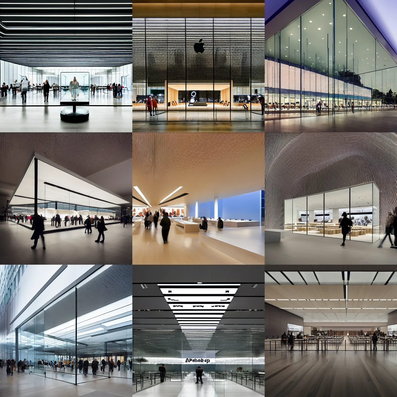 Prompt: marketing photo of an Apple store designed by Saha Hadid, atmospheric, uplight, cinematic,