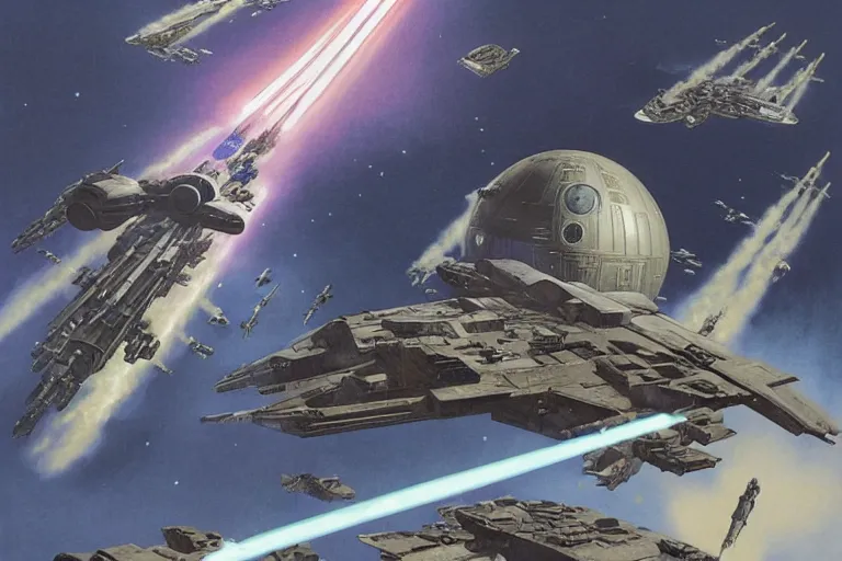 Image similar to ralph mcquarrie concept art, scene : the death star is rocked by explosions as the rebel fleet zooms over, unloading a heavy barrage. luke struggles to carry the enormous weight of his father's dying body toward an imperial shuttle. father's dying body toward an imperial shuttle. by artgerm and greg rutkowski and alphonse mucha