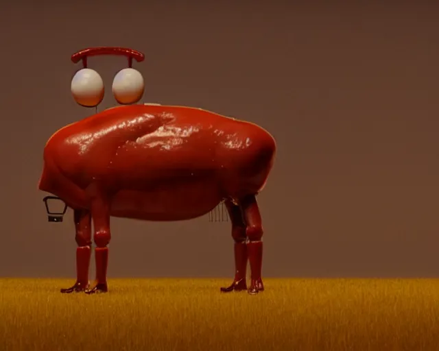 Image similar to Anthropomorphic Animatronic walking beef machine made of meat, painting by Grant Wood, 3D rendering by Beeple, directed by Wim Wenders, cinematography by Robby Müller