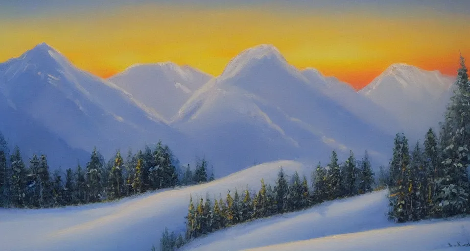 Prompt: landscape painting of snowy mountains at sunset, beautiful painting, oil on canvas, golden hour, by Ewa Czarniecka, award winning masterpiece,