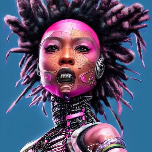 Prompt: a very beautiful black women dressed as pink ninja with highly detailed and intricate cybernetic eyes and colorful dreadlocks, by android jones and greg rutkowski, Trending on artstation, hyperrealism, elegant, stylized, highly detailed digital art, 8k resolution, hd, global illumination, radiant light, detailed and intricate cyberpunk ghetto environment, rendered in octane, oil on canvas, wide angle, dynamic portrait