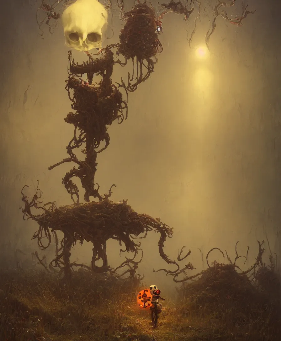 Image similar to skull clown, illustrated by Simon Stålenhag and Gaston Bussiere, 35mm lens, rule of third, beautiful volumetric-lighting-style atmosphere, intricate, ultra detailed, photorealistic imagery, trending on artstation, 4k, 8k