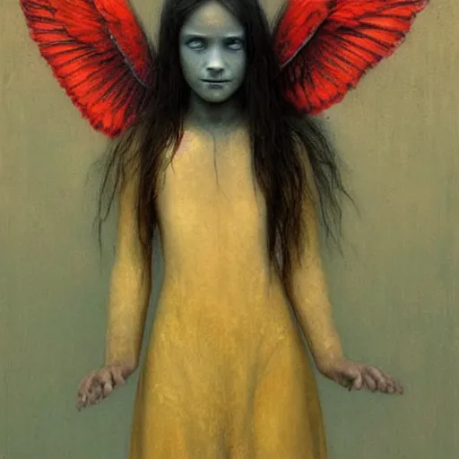 Prompt: young teen halfcrow girl. She has black wings, painting by Beksinski