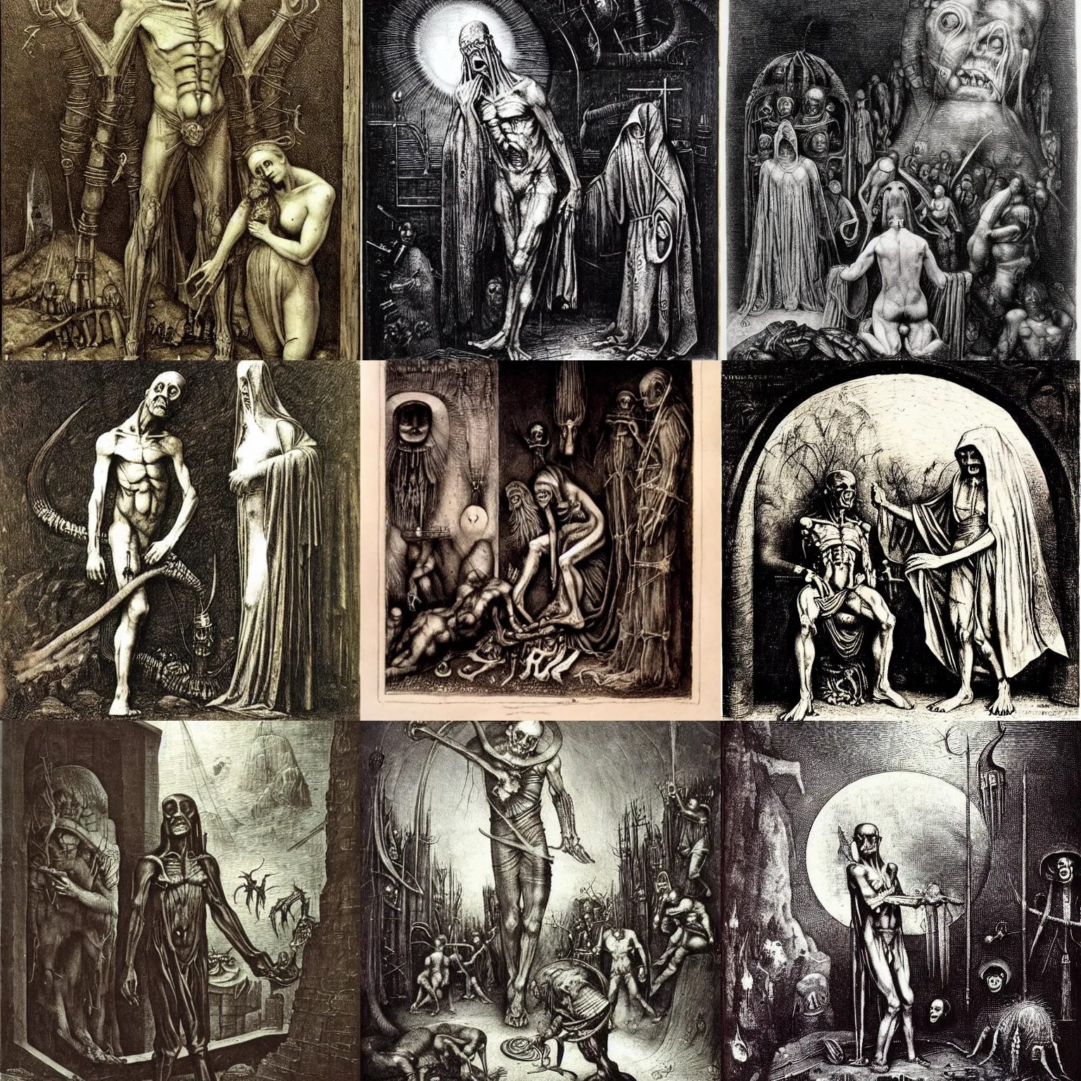 Prompt: frankenstein gustave dore h r giger hieronymus bosch