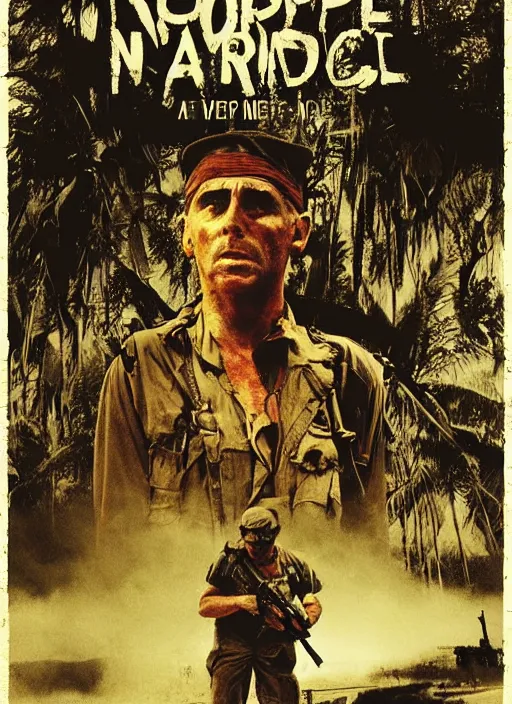 Image similar to new poster creative art for apocalypse now, martin sheen, vietnam war, soldier, river, trees, helicopters