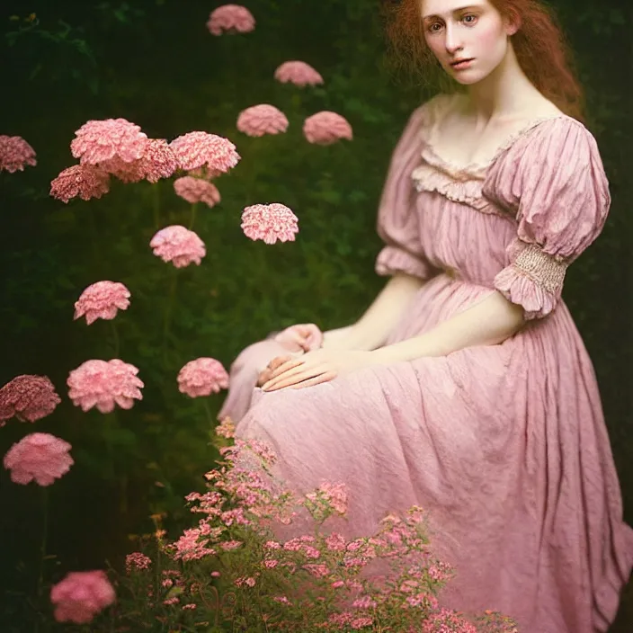 Prompt: Kodak Portra 400, 8K, soft light, volumetric lighting, highly detailed, britt marling style 3/4 ,portrait photo of a beautiful woman how pre-Raphaelites painter, a beautiful pink detailed lace dress and hair are intricate with highly detailed realistic beautiful flowers , Realistic, Refined, Highly Detailed, natural outdoor soft pastel lighting colors scheme, outdoor fine art photography, Hyper realistic, photo realistic
