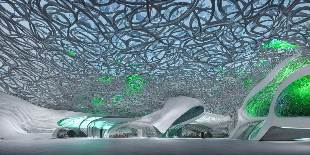 Prompt: extremely detailed awe ornate stunning beautiful futuristic smooth curvilinear elegant museum symmetrical interior by zaha hadid, landscape design with green trees, translucent gills, stunning volumetric light, stainless steel, concrete, translucent material, beautiful sunset, hyper real, 8 k, colorful, stunning light coming through, 3 d cinematic volumetric light, atmospheric light,