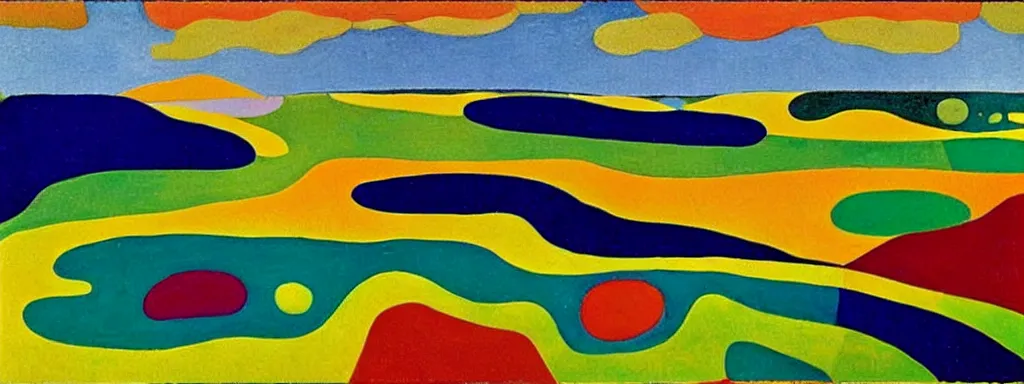 Prompt: Psychedelic sci-fi dreamworld. Landscape painting. Organic. Winding rushing water. Waves. Clouds. Landscape by Alex Katz. Wayne Thiebaud. Paul Klee