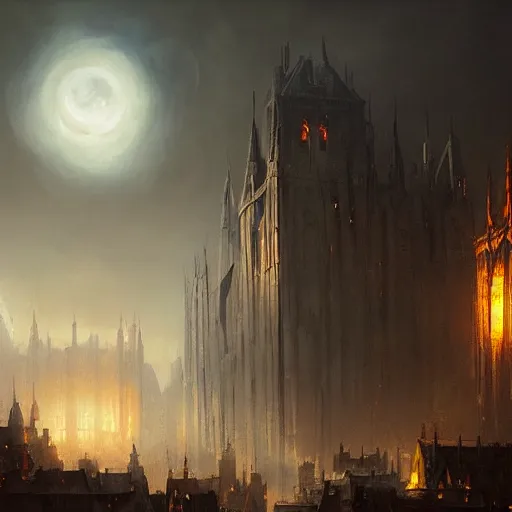 Prompt: A painting of a medieval city, dark fantasy, burning buildings, big red moon in the skies, city covered in fog, hyper detailed, high contrast, by Greg Rutkowski, trending on artstation