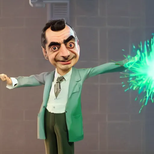 Prompt: mr. bean depicted as a mad scientist, wearing a lab coat, mixing green acids, digital art, trending on artstation and unreal engine