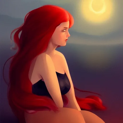 Image similar to a beautiful comic book illustration of a woman with long red hair sitting near a lake at night by daniela uhlig, featured on artstation