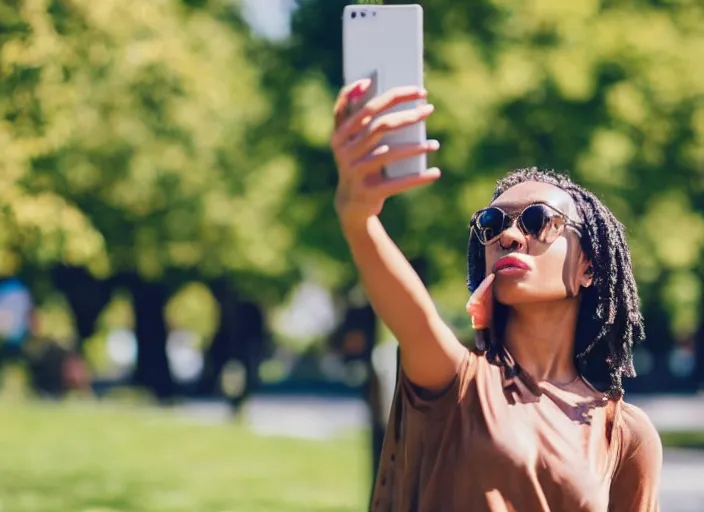 Image similar to photo still of a bronze statue of a woman using an iphone to take a selfie in a park on a bright sunny day, 8 k 8 5 mm f 1 6