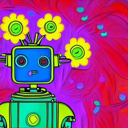 Prompt: a dramatically lit brightly colored detailed painting of a robot with flowers growing out of its head with a rainbow background, digital art