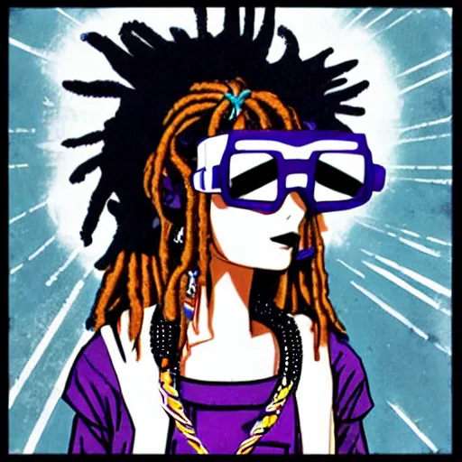 Image similar to eccentric kawaii goth girl with dreads wearing cyber goggles and eclectic jewelry, by jamie hewlett,