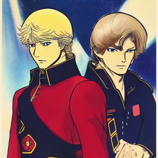 Prompt: a portrait of char aznable and garma zabi , drawn by Yoshikazu Yasuhiko