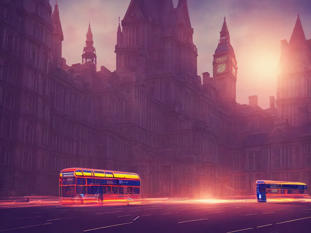 Prompt: an ancient beautiful cyborg with glowing eyes in the city of London, westminster in background, london bus, colourful, dramatic lighting, golden hour, very detailed octane render very realistic beautiful