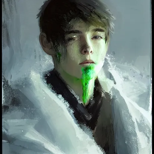 Prompt: a 14 year old teenage boy ghost with white hair and green eyes. White breath showing in the cold air. He is shivering from the cold. Sakimichan Repin. By Craig Mullins