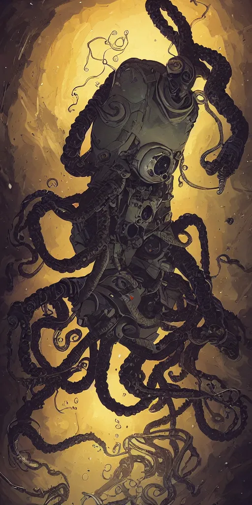 Image similar to eldritch astronaut with tentacle arms, style of james jean and laurie greasley and greg rutkowski, dynamic composition, dramatic lighting, hyper - realistic, ultra detailed, 8 k